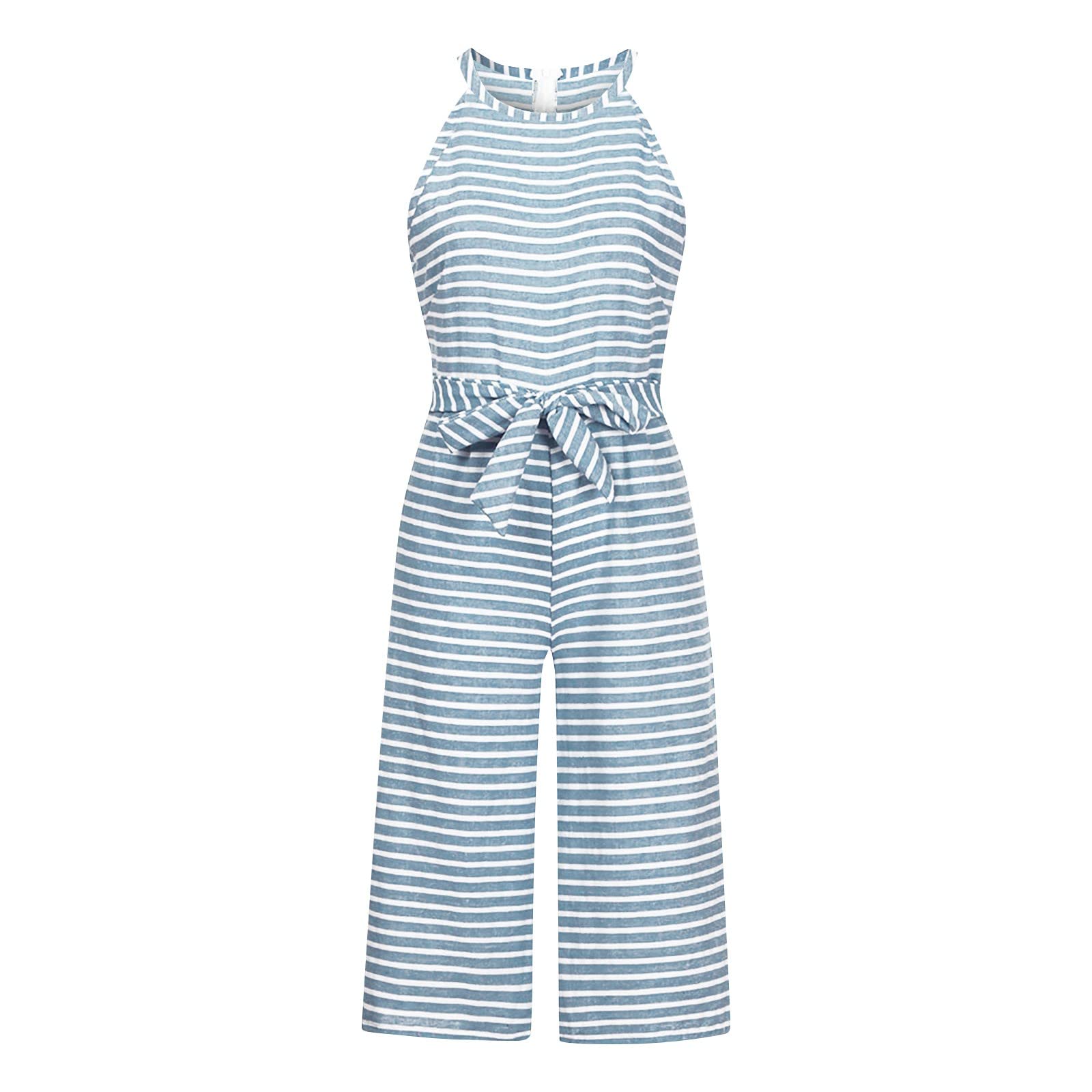 FUPODD Jumpsuit Damen Sommer Elegant Gestreift Overall 7/8 Lang Mit Gürtel Playsuit Neckholder Einteiler Weites Bein Jumpsuits Für Damen Mit Tasche Onesie Ärmellos Romper Frauen Streifen Hosenanzug