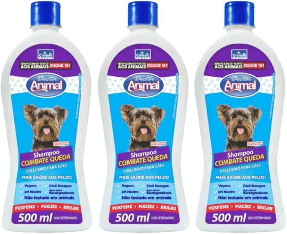 Kit 3 Shampoo Antiqueda para Cachorro Vegano e pH Neutro 3 Frascos com 500ml