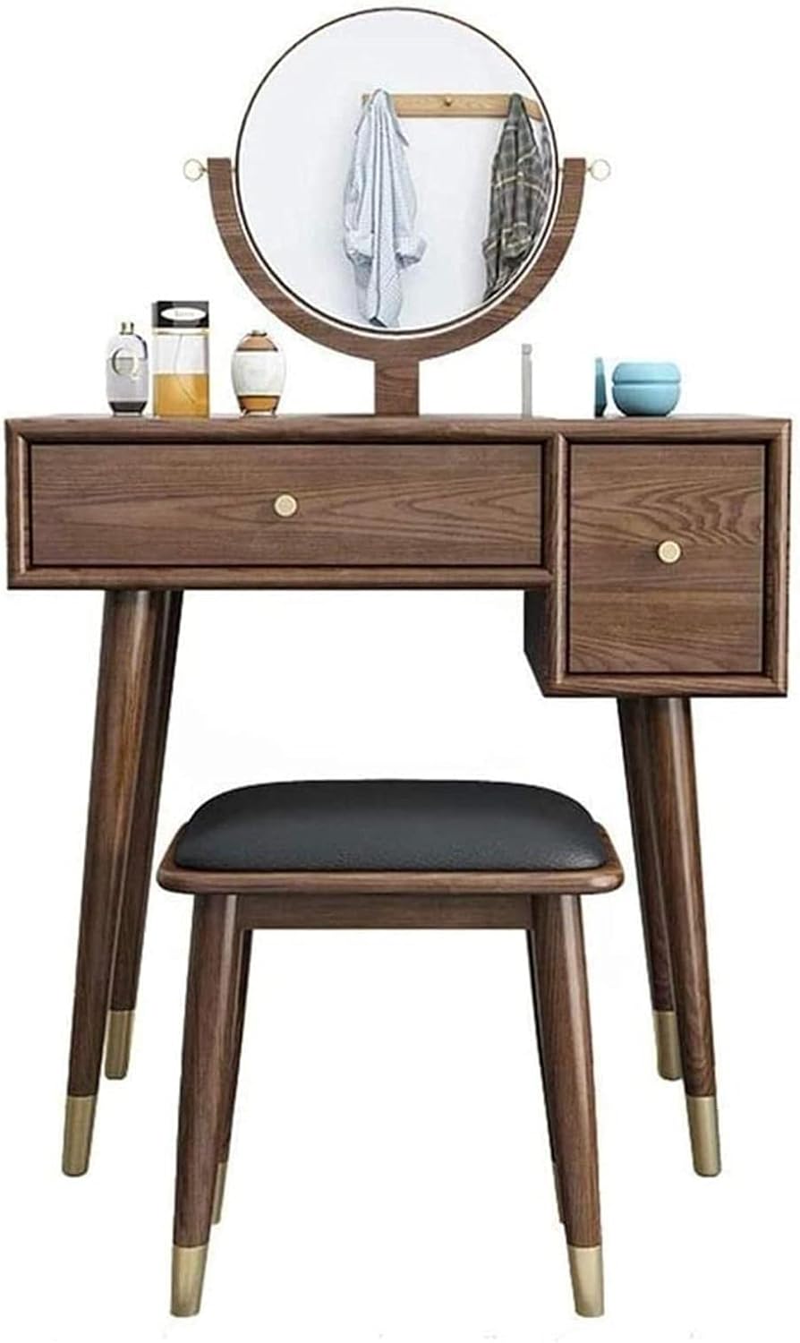 Dressing Table Wood Vanity Benches Set with Round-Mirrors and Upholstered Stool for Bathroom Bedroom Girls for Gift