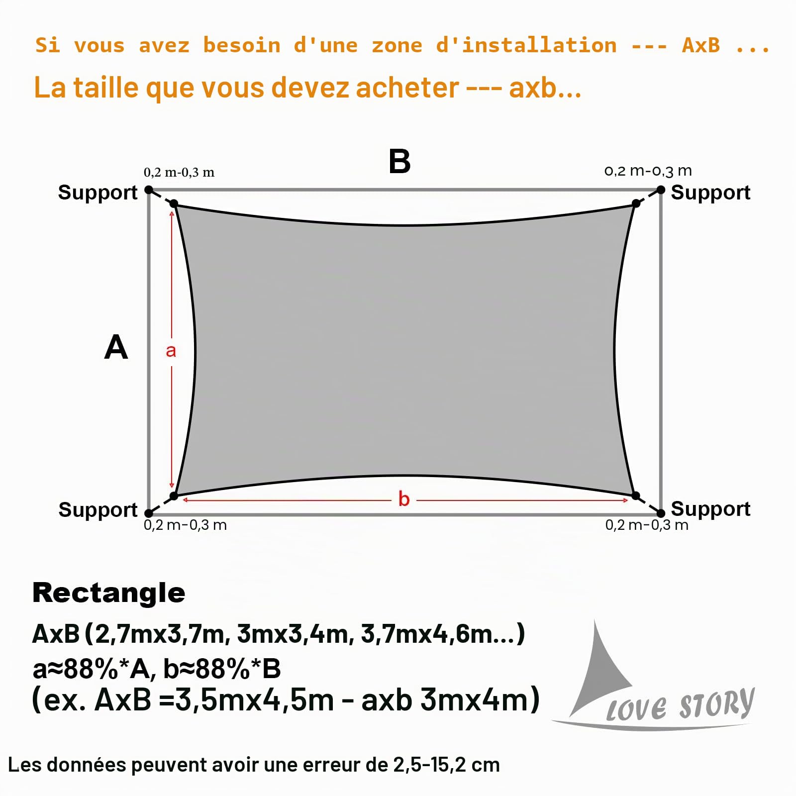 Love Story Voile d'ombrage rectangulaire de 3,7 x 4,8 m avec Protection UV pour extérieur, terrasse, Jardin, Cour, Sable (Nous fabriquons des Tailles personnalisées)