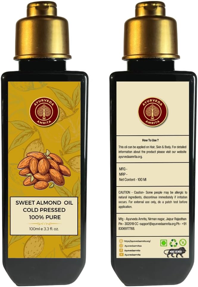 Pure Sweet Almond Oil for Hair Growth and Glowing Skin - 100ml Cold Pressed Badam Tel for Baby Massage and Body - Vitamin E Rich, Natural Face Moisturizer, Unrefined - (Pack of 1)