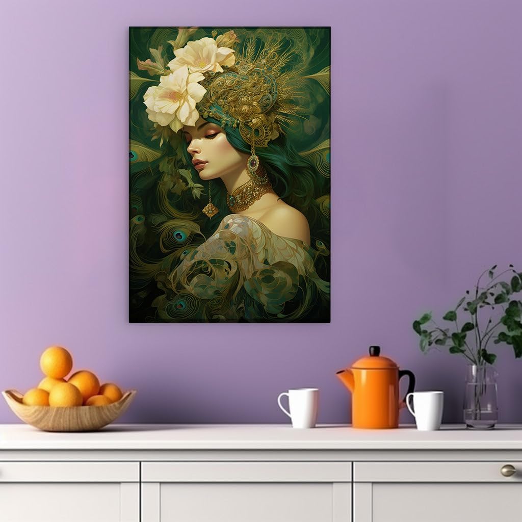 Canvas for Living room. Enchantress of Emerald Tresses: A Dreamy Vision in Gold and Green Feathers, 27 x 18 inch Canvas Wall Art - Contemporary Masterpieces - Inspirational Office Decor
