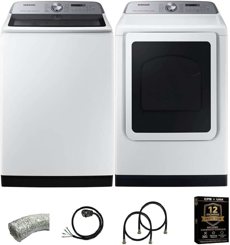 Samsung Smart Laundry Pair Bundle White 5.4 Cu. Ft. Top Load Washer and 7.4 Cu. Ft. Electric Dryer with Vent Kit, Power Cord, 2 Water Hoses and 1 Year CPS Protection Plan