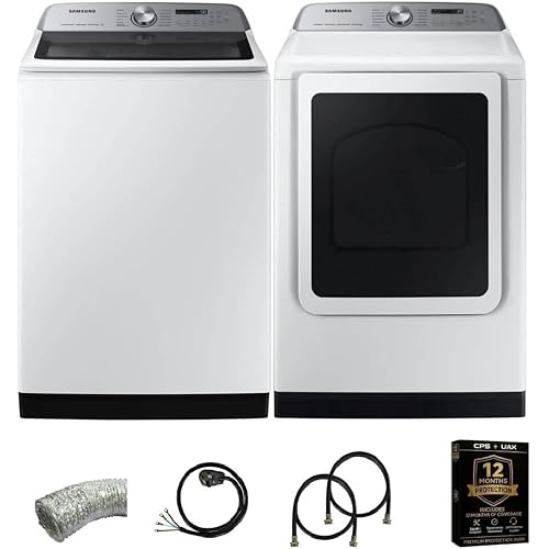 Samsung Smart Laundry Pair Bundle White 5.4 Cu. Ft. Top Load Washer and 7.4 Cu. Ft. Electric Dryer with Vent Kit, Power Cord, 2 Water Hoses and 1 Year CPS Protection Plan