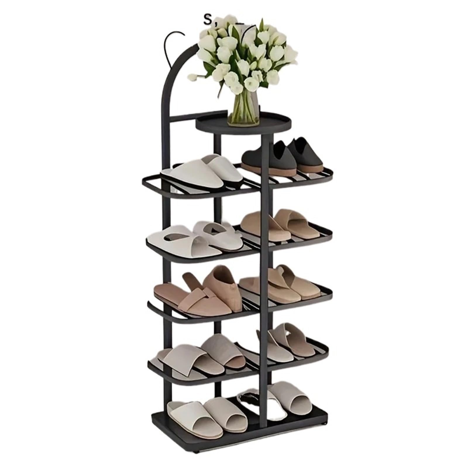 XILEUDUOD Shoe Organizer For Entryway Tube Metal Shoe Rack 5-Tier - Space-Saving Entryway Organizer With Decorative Top Shelf(Black)