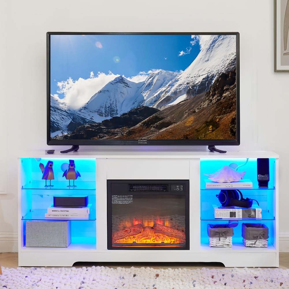 QSOSTNS Fireplace TV Stand with 18" Fireplace, Electric Fireplace 3D Fireplace TV Console for TVs up to 65", LED Lights Wood and Glass Entertainment