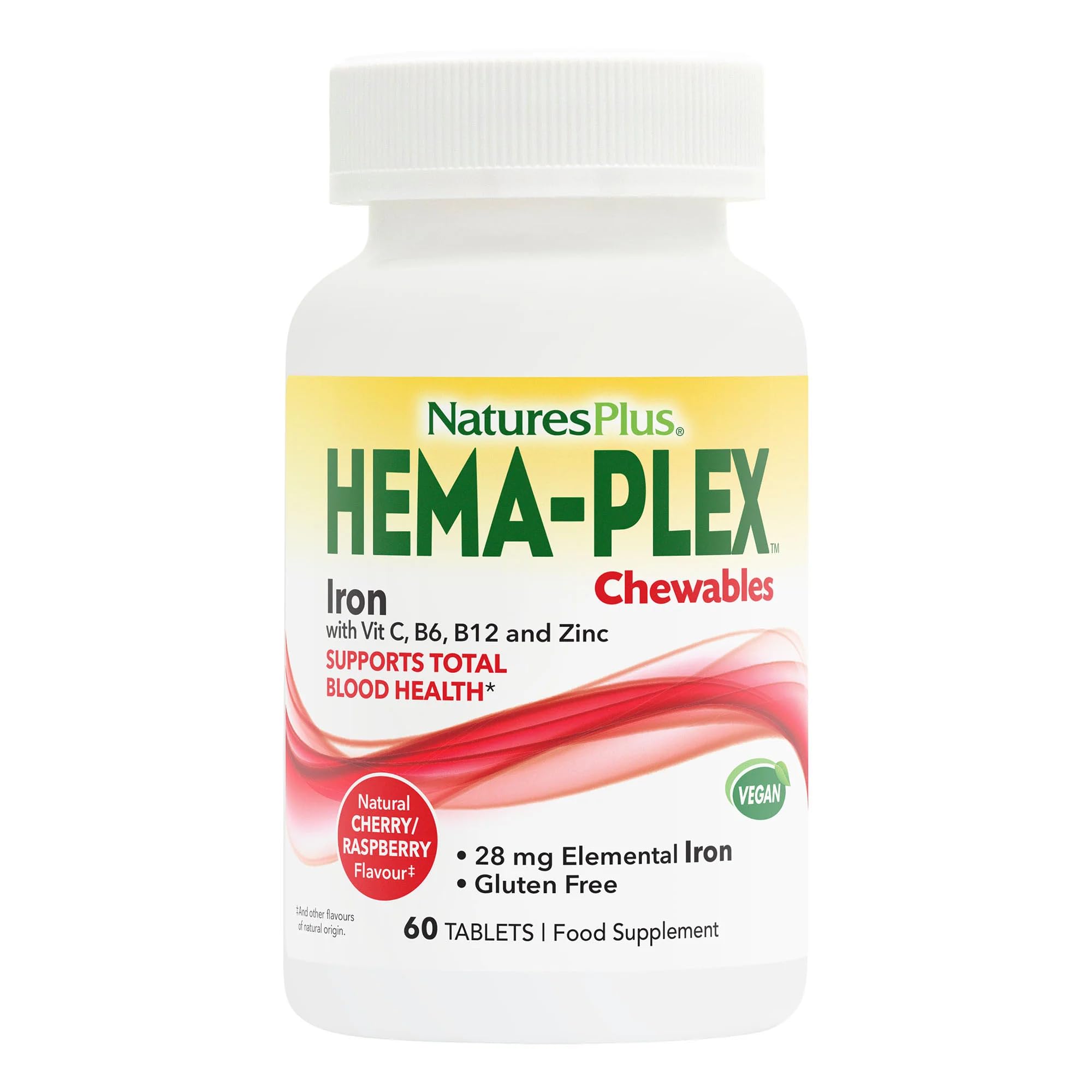 NaturesPlus Hema Plex Chewable Iron - Gentle Iron Supplement with Vitamin C, Methyl B12, Folate - Blood Health, Immune, Energy - Vegan, Gluten Free - 60 Chewable Tablets