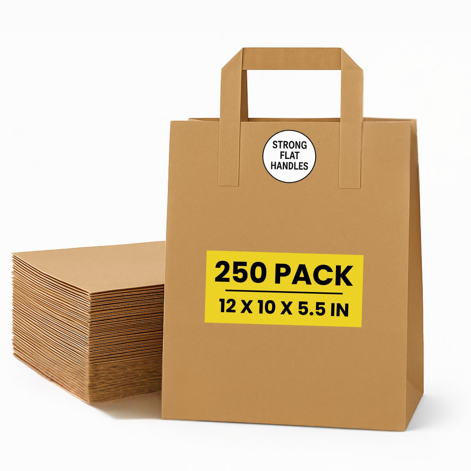 Brown Kraft Paper Bags with Handles โ 250 Large Recyclable Biodegradable SOS Carrier Bag (12" x 10" x 5.5") | Eco-Friendly, Strong Takeaway, Grocery, Shopping, Lunch, Party & Gift Bags for Catering