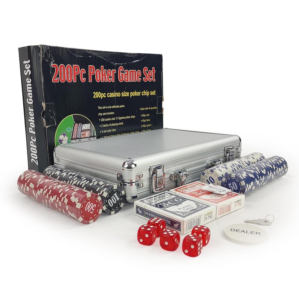Niku Adult Casino Style 200 Chips/Pcs Poker Chips Set with A Aluminum Finish Case, 2 Decks of Cards, 5 Dice, 1 Dealer Button (Classic Multiplayer Game)