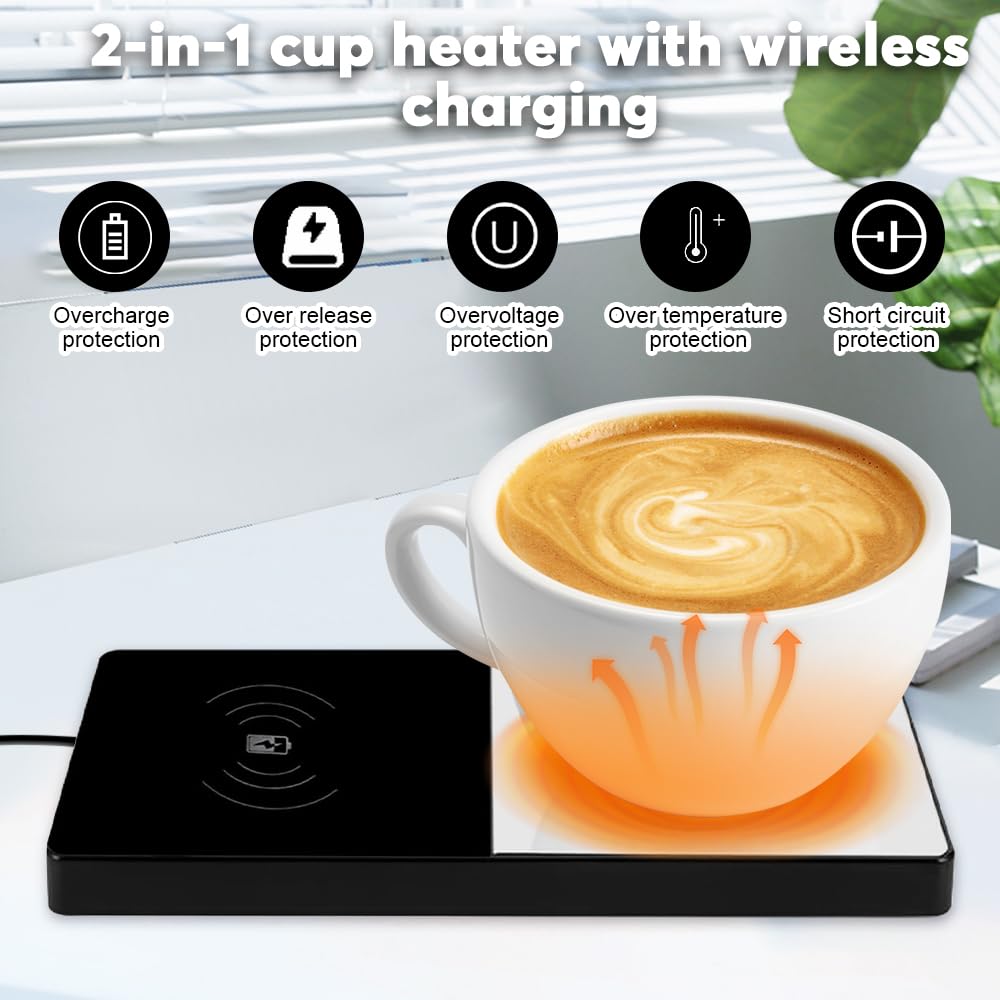 mizikuu Scaldacaffe elettrico, 2 in 1 Scalda Tazza da Caffè Elettrico con Ricarica Wireless 55 °C Scalda Bevande Riscaldatore Caffè Intelligente per tè, acqua, cacao, latte o zuppa