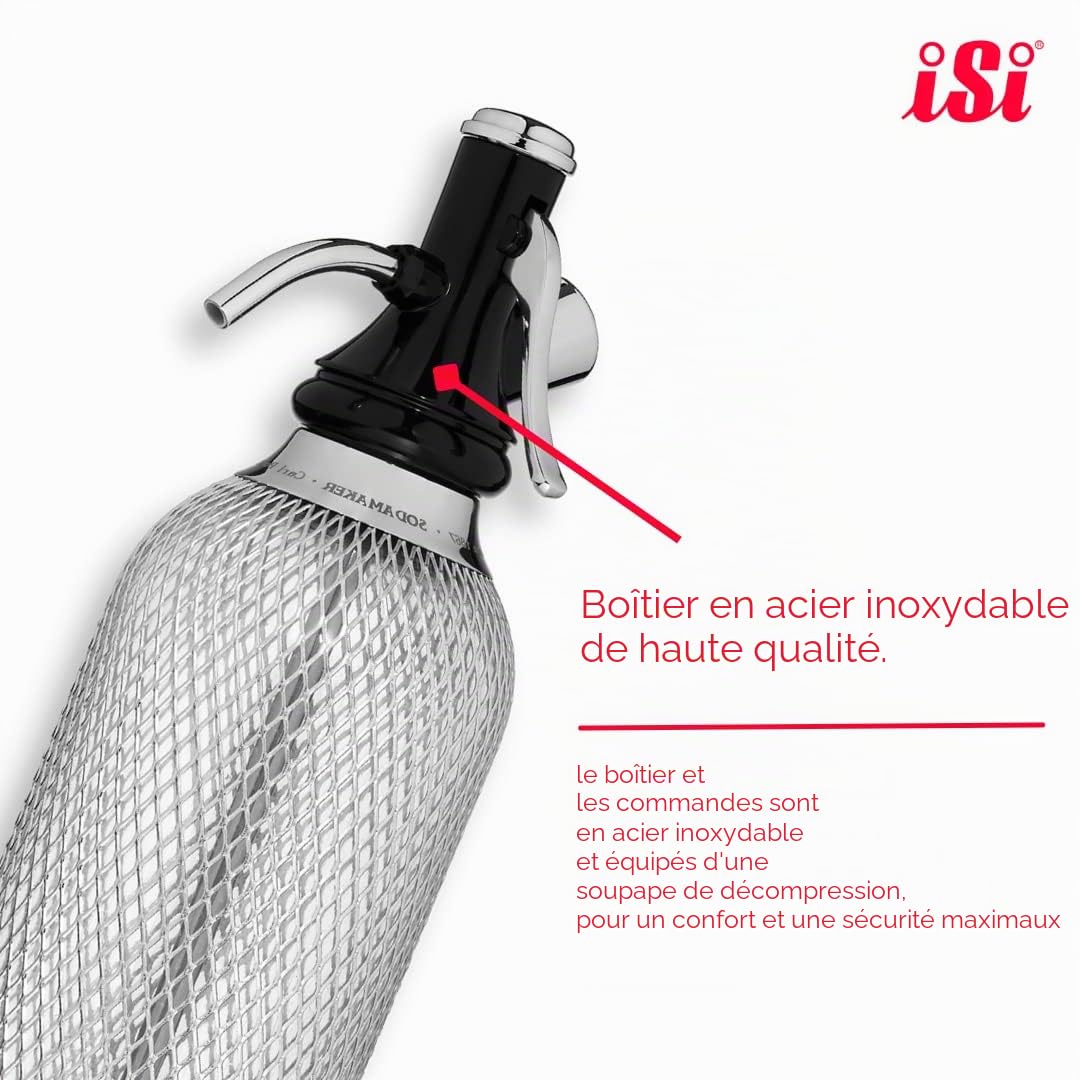iSi 1060 Sodamaker Classic, 1.0 L, boisson gazeuse pour eau, machine à soda, accessoires de bar en look vintage 106001 Acier inoxydable & HENDI 588406 Capsules CO₂