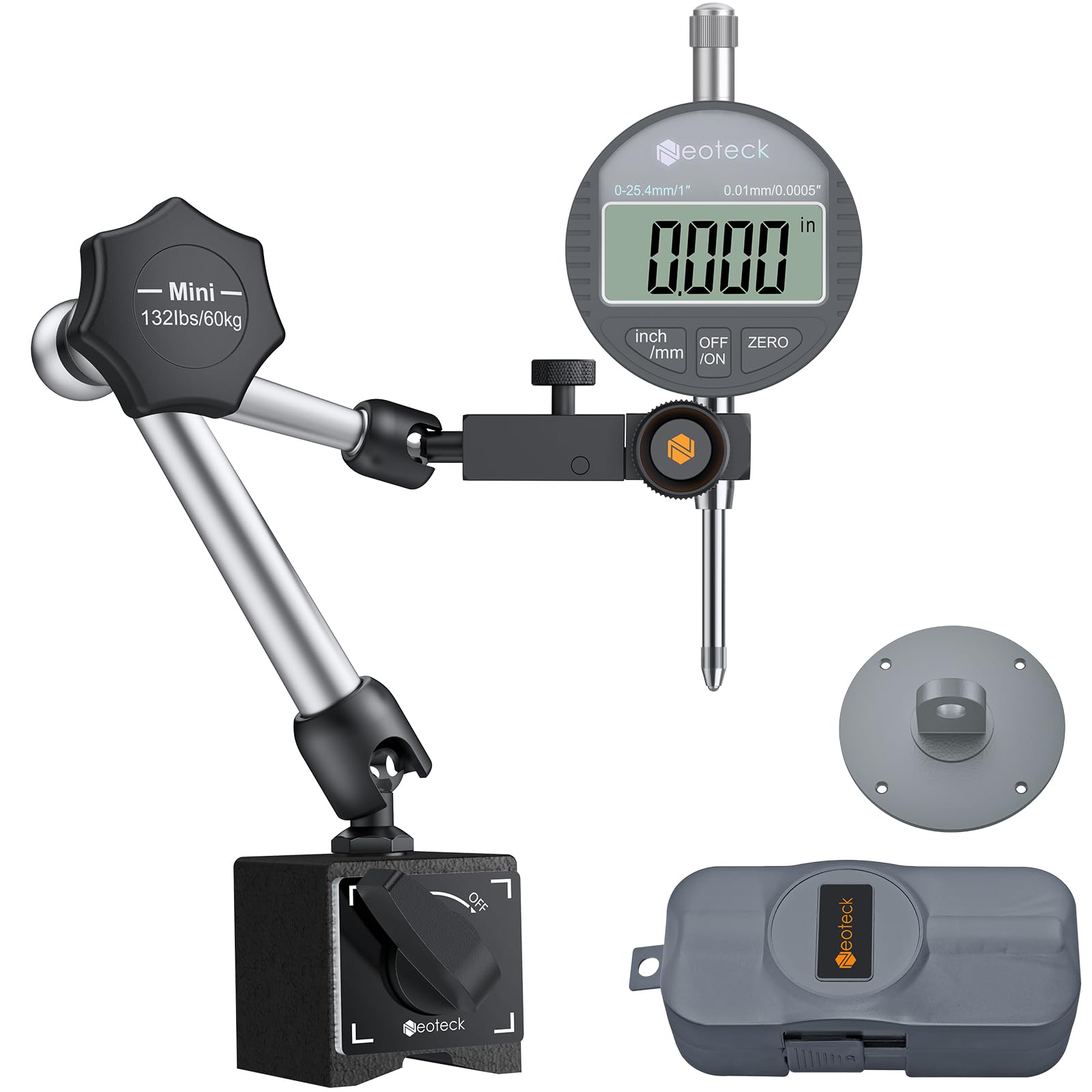 0-1”(0.0005") Digital Dial Indicator Gauge and 132 lbs (60kg) Max Pull Magnetic Base,Digital Dial Indicator Set with Inch/Metric Conversion for 3D Printer and CNC Machine