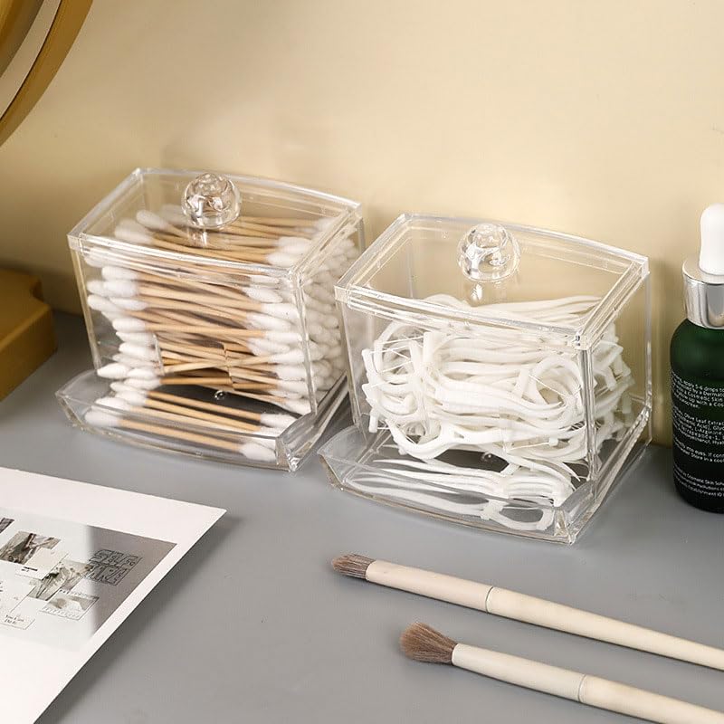 Qtip Holder Dispenser Big Clear Bathroom Organizer Accessories Decor with Spherical Lid Storage Box for Cotton Swabs Toothpicks