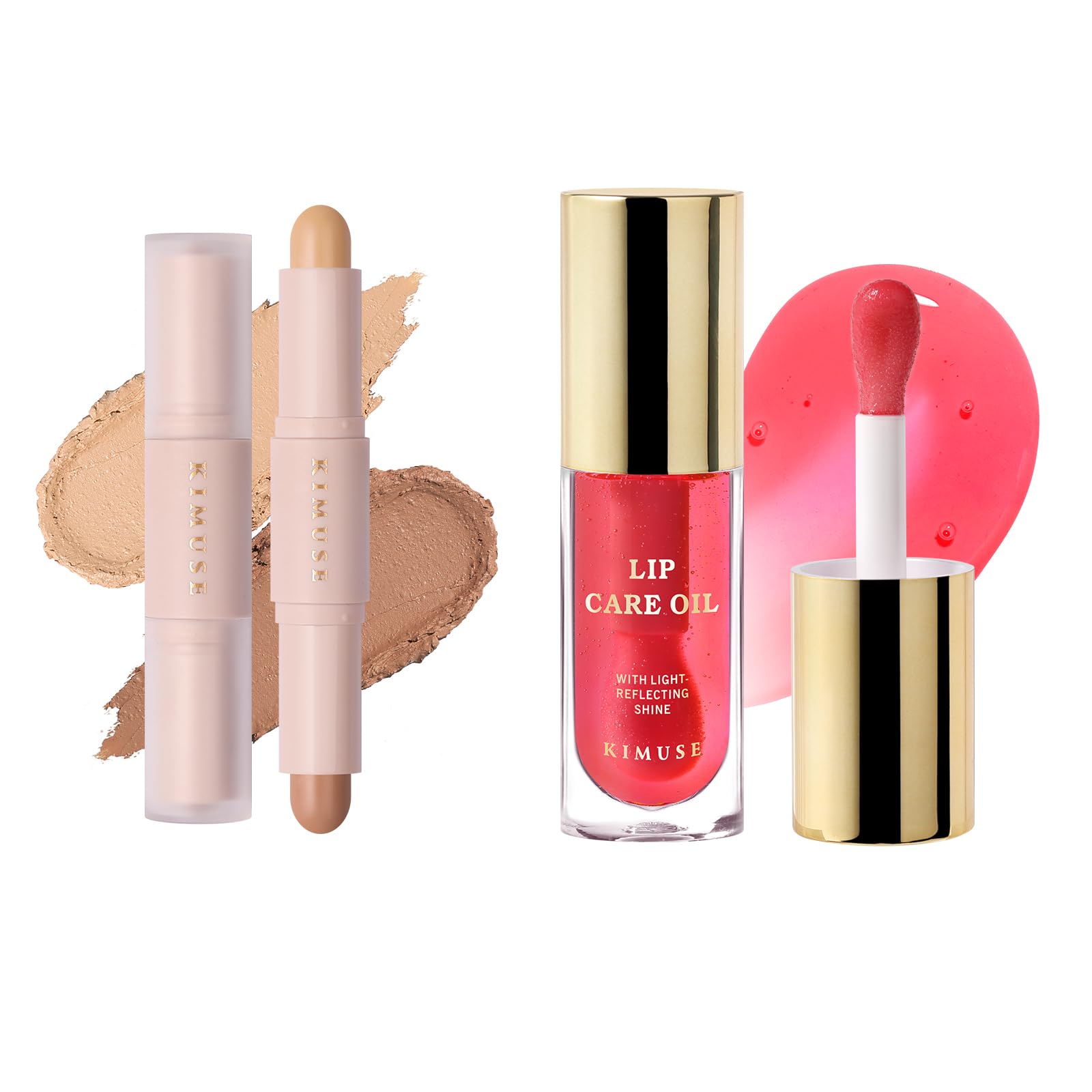 KIMUSE 2Color Dual Cream Contour Stick & High Shine Finish, Hydrating Lip Plumper Gloss Lip Care Sheer Lip Oil