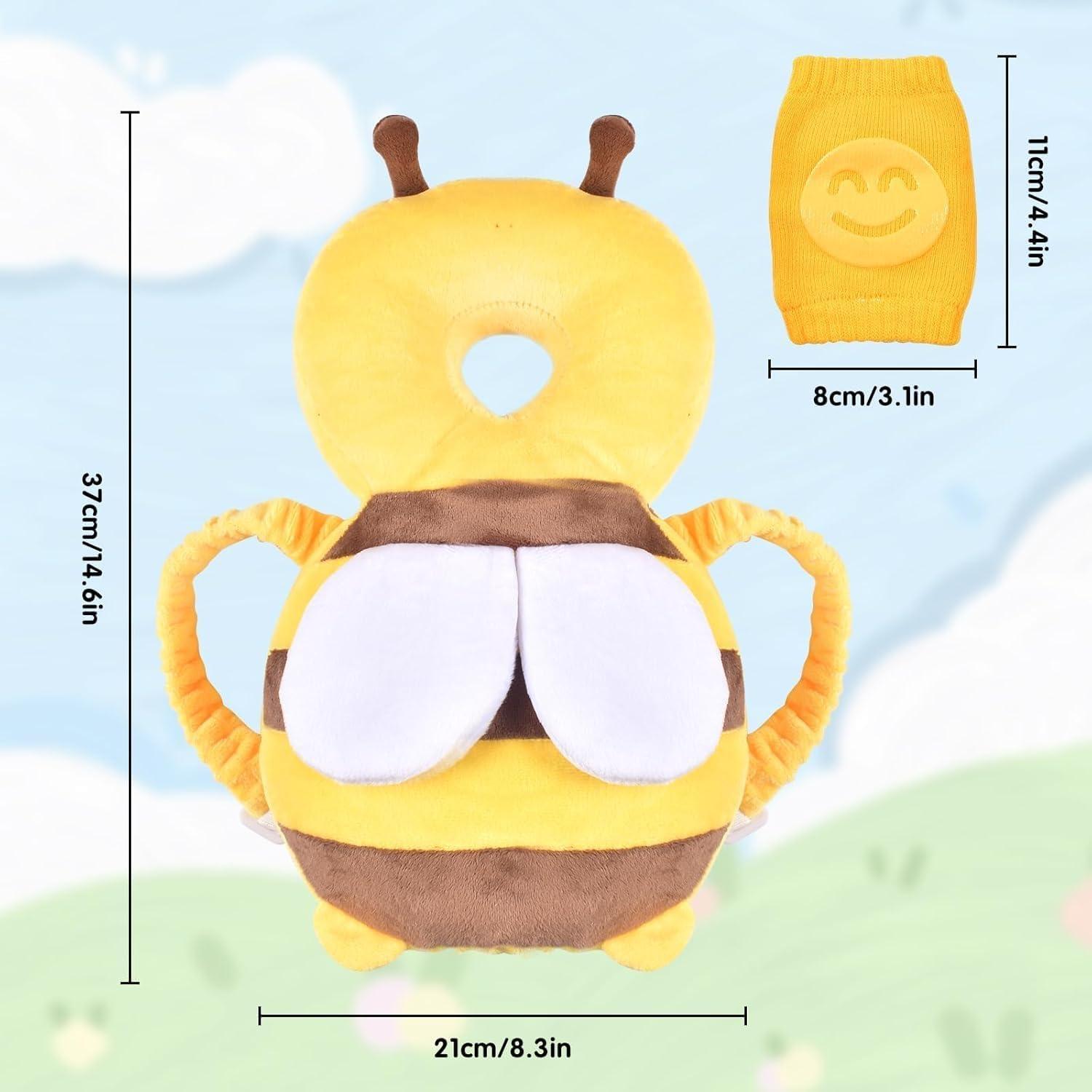 Protector de Cabeza para Bebe, Cojín Protector Seguridad Bebe con Rodilleras, Ajustable Almohada Protección Bebe, Protección para Cabeza y Espalda del Niños para Gatear y Caminar-Abeja