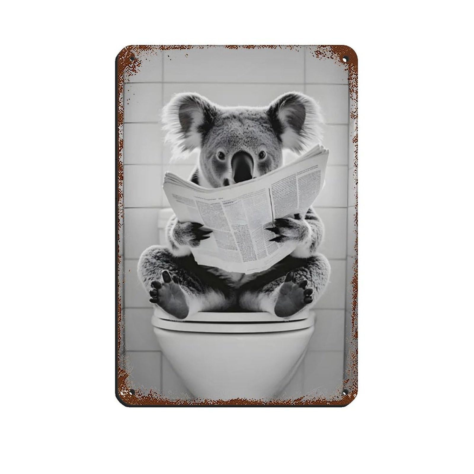 Lxwnze 20L X 30W Cm Koala Sitting On The Toilet Reading A Newspaper Retro Poster Metal Tin Sign Chic Art Retro Iron Painting Bar People Cave Cafe Family Garage Poster Wall Decoration 8X12inch(20X30cm)