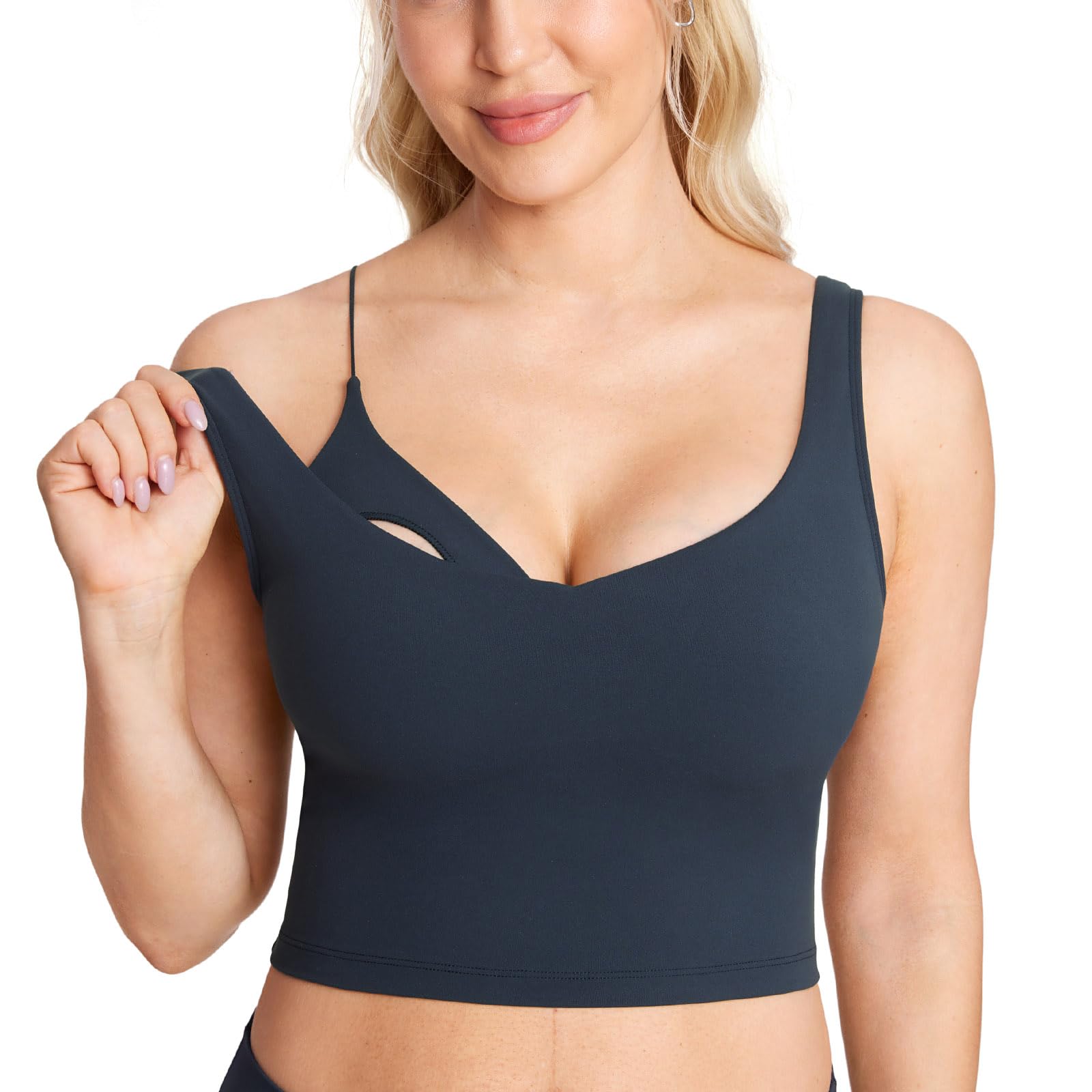 MOMANDA Damen Still BH Longline V-Ausschnitt Sports Crop Top mit Herausnehmbare Polster