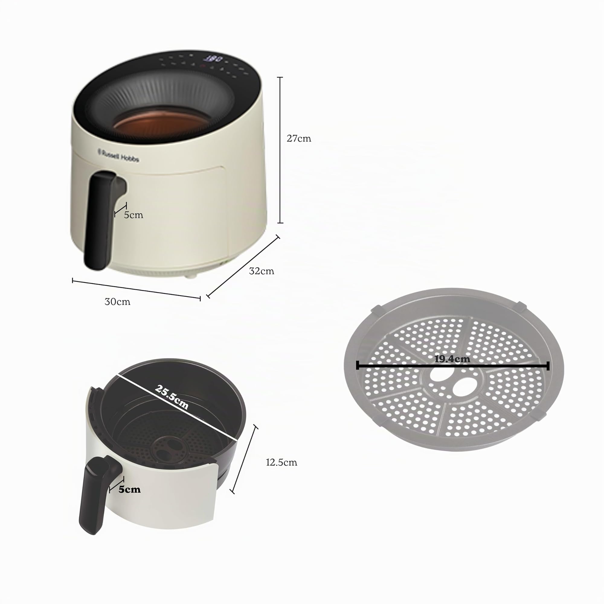 Russell Hobbs Friggitrice ad aria Panoramica, 5 L,no olio, 10 programmi di cottura, lavabile in lavastoviglie, friggere, grigliare, cuocere al forno, 200°C, Crema, 27421-56