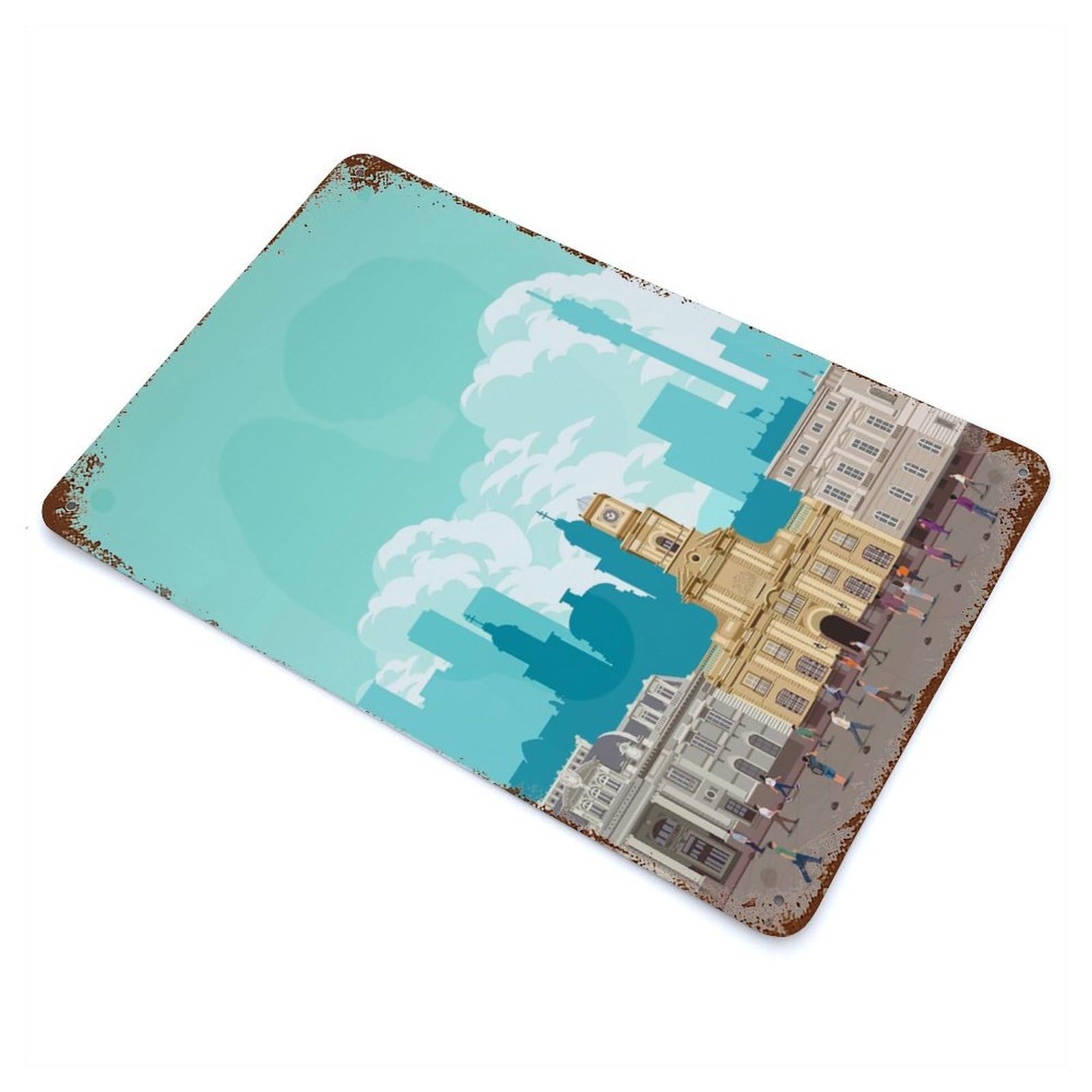 Santiago Travel Print Weathered Tin Sign 11.8"x7.9", Ideal for Shed, Workshop And Garage Wall Decor
