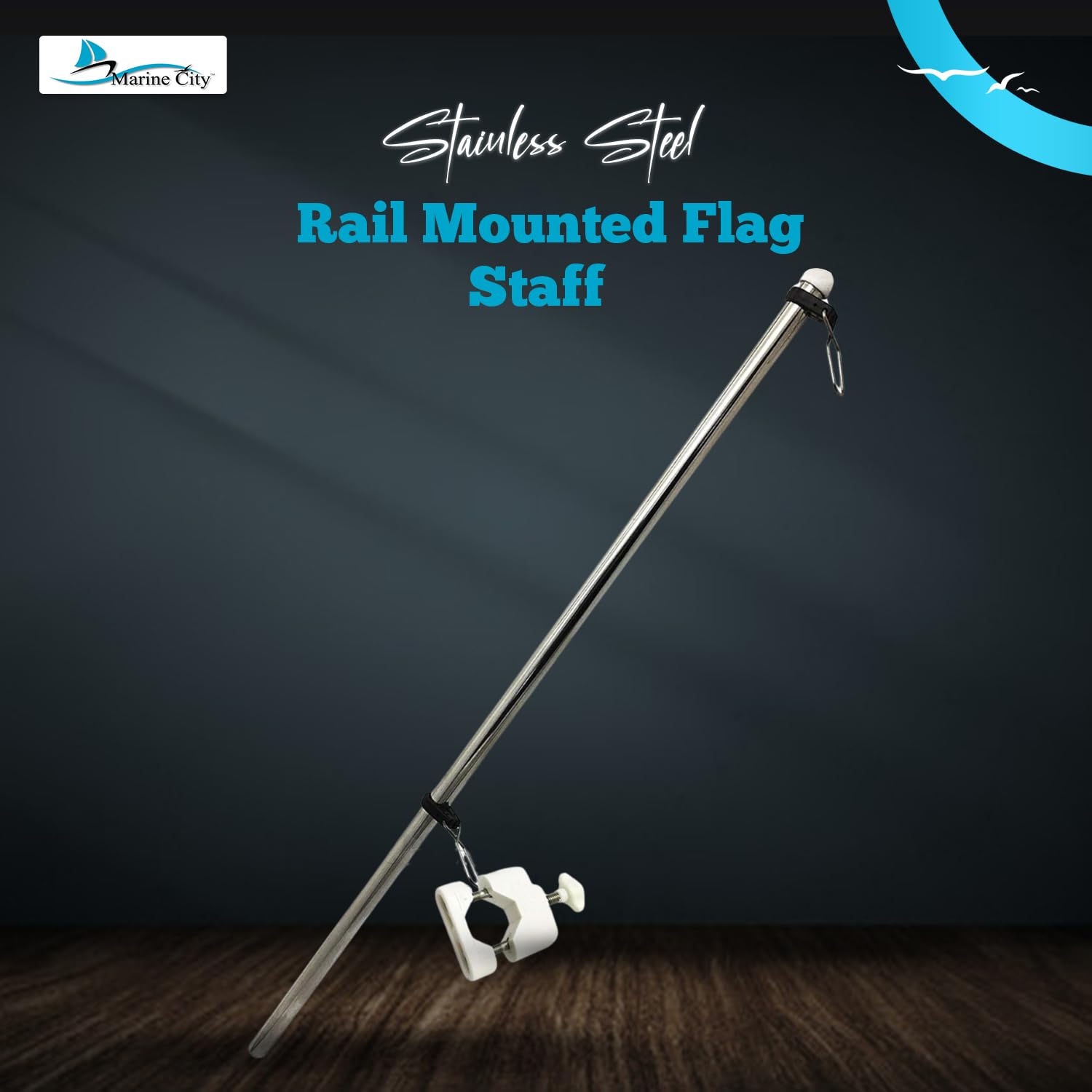 MARINE CITY 304 Stainless Steel Rail Mounted Flag Staff Flag Pole Base | Fits 7/8 Inches to 1 Inch Round and Square Tubes | Ideal for Marines, Boats, Yachts (White)