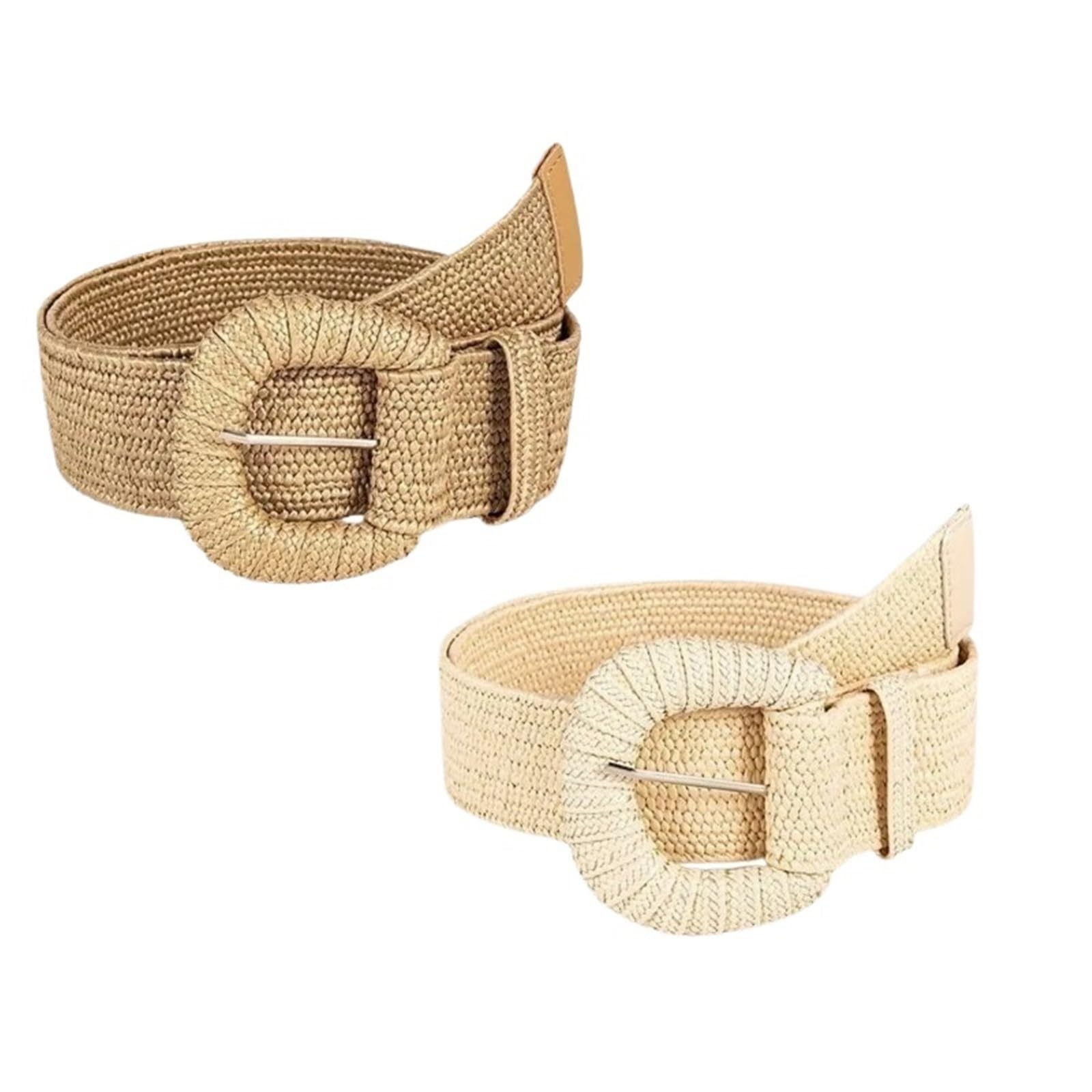 Jcxioc Women's 2Pcs-B Straw Waist Belt Straw Waistband Retro Summer Pin Buckle Belts Fashion Braided Wide Belts Woven Elastic Girls For Dresses(2Pcs-B)