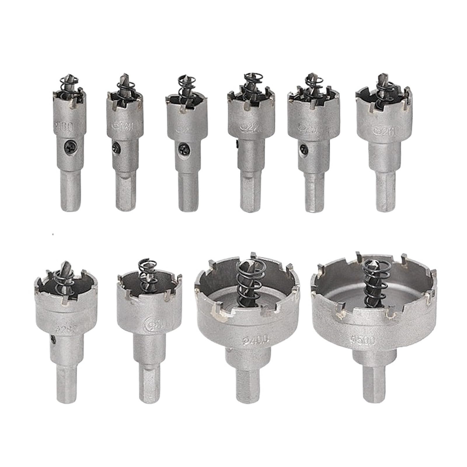 Juego de 10 brocas corona aleación 16-53 mm con punta carburo TCT for corte metal, for coronas perforación acero inoxidable(16-50mm 10PCS)