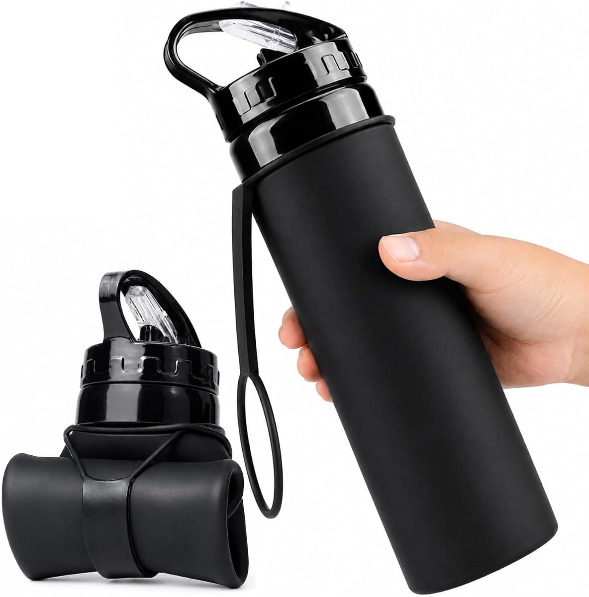 Botellas de agua plegables de 20 oz, botella de agua de silicona sin BPA, botella de agua de viaje reutilizable plegable con tapa a prueba de fugas, botella portátil ligera para senderismo, camping y deportes, color negro