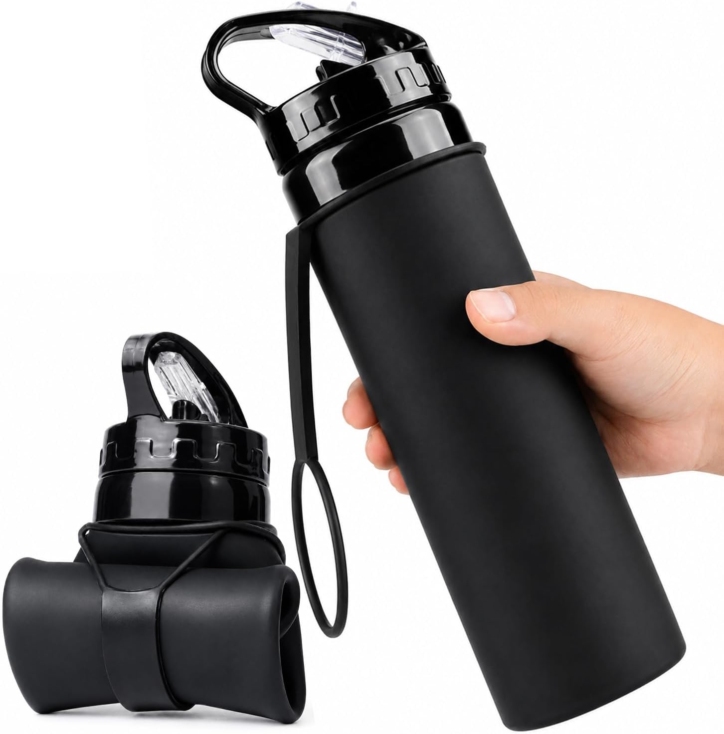 Collapsible Water Bottles 20oz, BPA-Free Silicone Foldable Water Bottle with Leak-Proof Lid Lightweight Portable Running & Travel Water Bottle for Hiking, Camping & Sports, Black