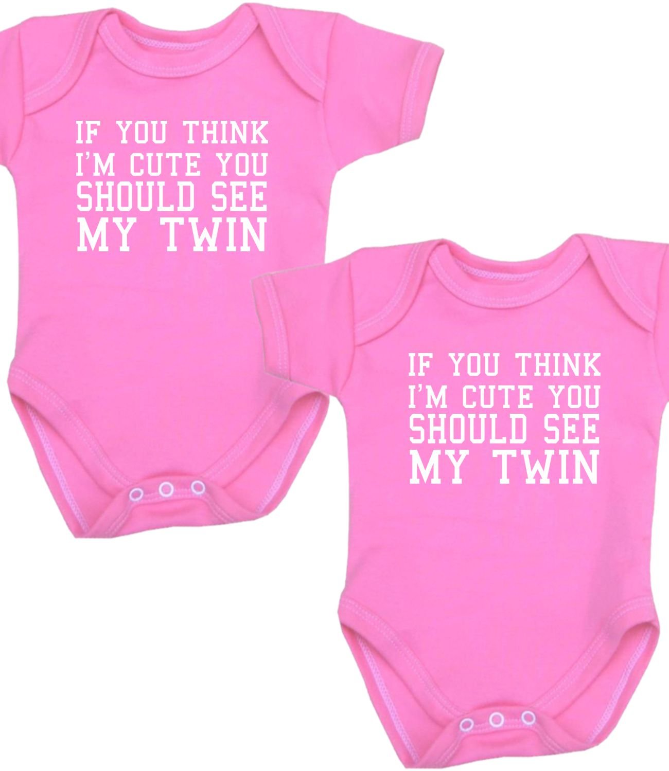 BabyPrem Baby Twins 2 Bodysuits Vests Think I'm Cute See Twin 0-3 MTH PINK PINK