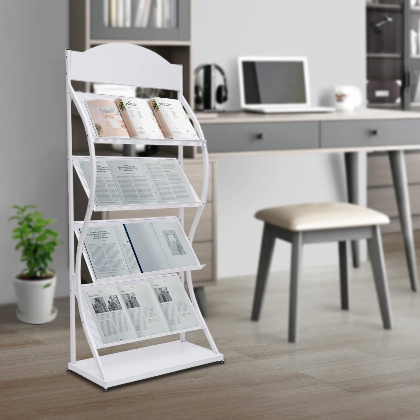 TFCFL 4-Layer Floor-Standing Magazine Rack Displays Magazine Rack Iron Newspaper Storage Rack Magazine Literature Rack for Bathroom, Living Room, Home Office Organization (White)