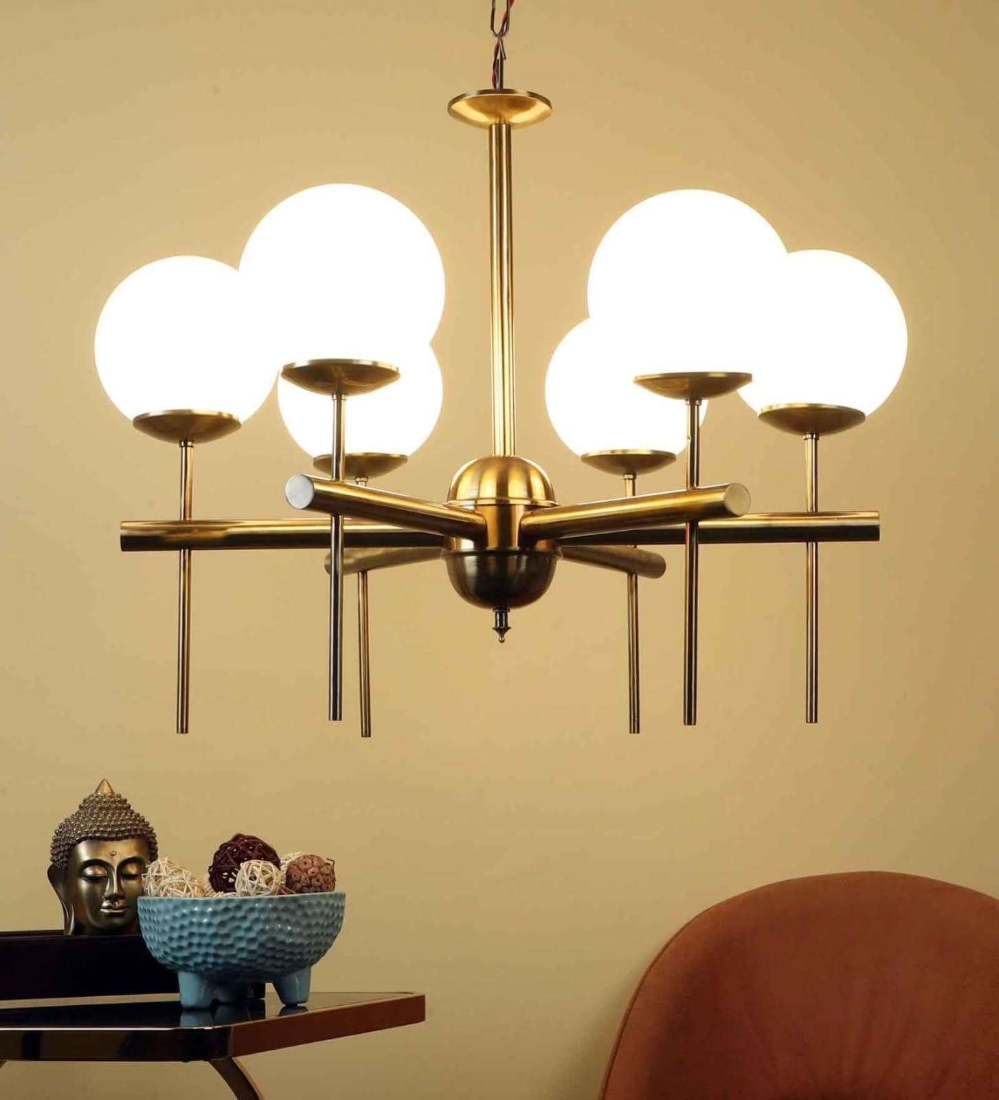 WOKE Modern Deep Gold 6-Light Chandelier Classic Globe Candlestick Frosted Glass Shades High Ceiling Light