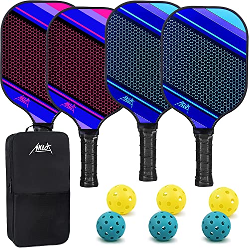 Pickleball Paddles,AKLOT Juego de Palas de Pickleball 4 Raquetas de Fibra de Carbono para Mujeres y Hombres para Jugar en Interior o Exterior con 6 Pelotas,Bolsa de Transporte