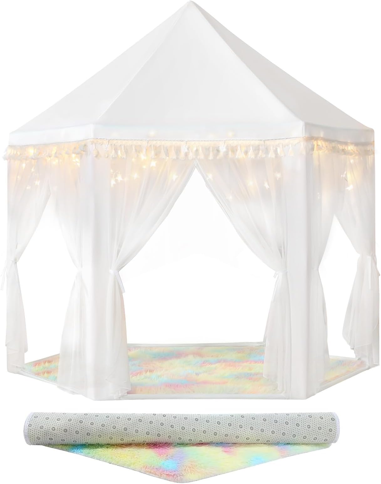 wilwolfer Princess Tent with Rug for Girls Indoor Fairy Castle Play Tents for Toddler, Hexagon Playhouse, Princess Toys & Gift for Kids (White)