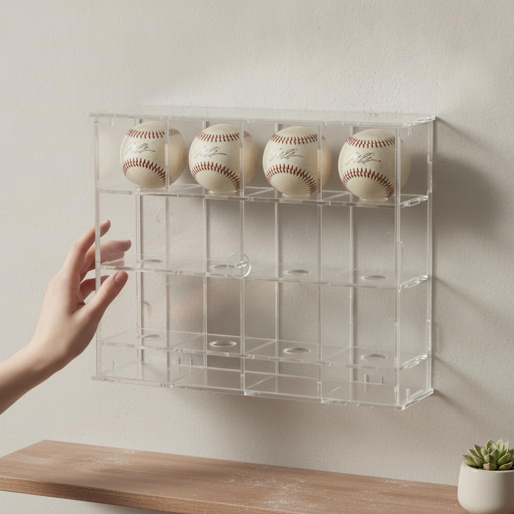 Vitrina Pared para coleccionables acrílica, Caja Almacenamiento a Prueba Polvo para Pelotas béisbol, para Mostrar , 12 Compartimentos (340x95x280 mm)