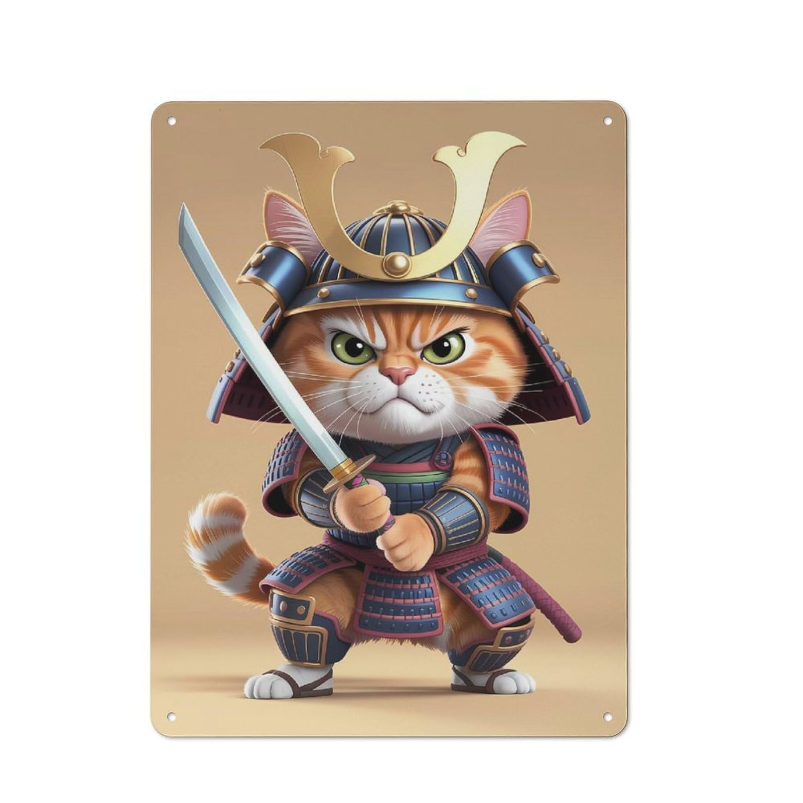 Junmoney Style-3 Rustic Metal Sign With Samurai Cat Warrior Design 40X30cm, Country Vintage Cottage Wall Art For Kitchen, Cottage, Porch Or Garden Room