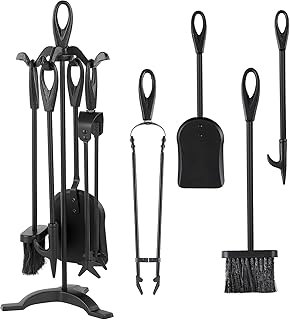 Amagabeli Garden Home Ensemble Serviteur Cheminée Noir 5 pièces Accessoire cheminee 64cm outils à feu cheminée accessoire cheminee a bois pince Support Noir