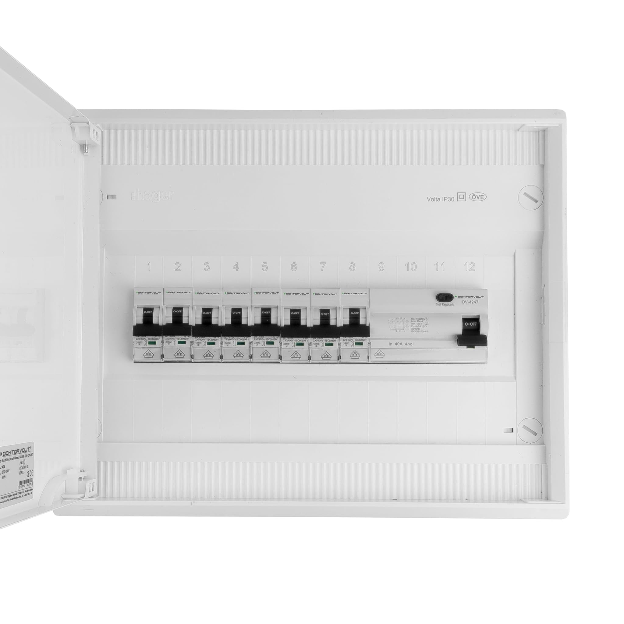 Doktorvolt Sicherungskasten Aufputz 1-reihig 12 Module – Verteilerkasten verdrahtet mit 8x MCB 1x RCCB VDE geprüft IP40 Hager Verteilerschrank 245x305x96,5 mm für Haus Garage und Werkstatt