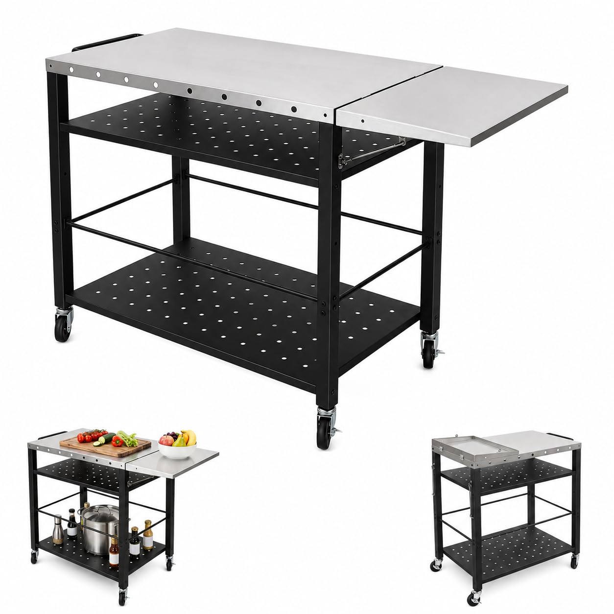 Carrello per barbecue, con tavolino laterale pieghevole, per | Carrello per barbecue con piano in acciaio inox, carrello da cucina per esterni, 80 x 50 x 88 cm, tavolo da barbecue con