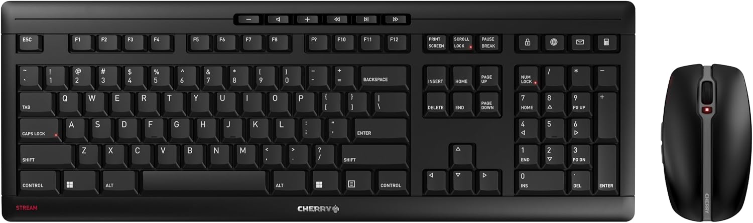 CHERRY Stream Desktop Recharge, Wireless Keyboard & Mouse Combo, 2.4 GHz Connection, Quiet Keys, Slim Design, Comfortable Writing, Rechargeable, Black