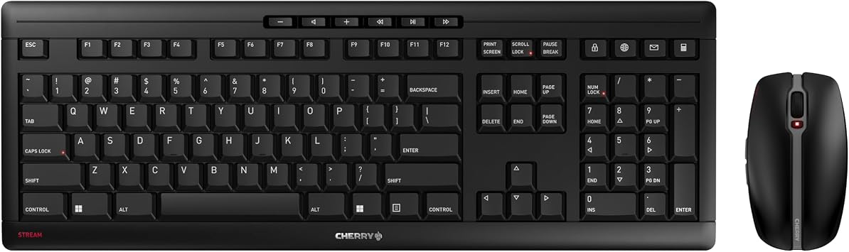 CHERRY Stream Desktop Recharge, Wireless Keyboard & Mouse Combo, 2.4 GHz Connection, Quiet Keys, Slim Design, Comfortable Writing, Rechargeable, Black