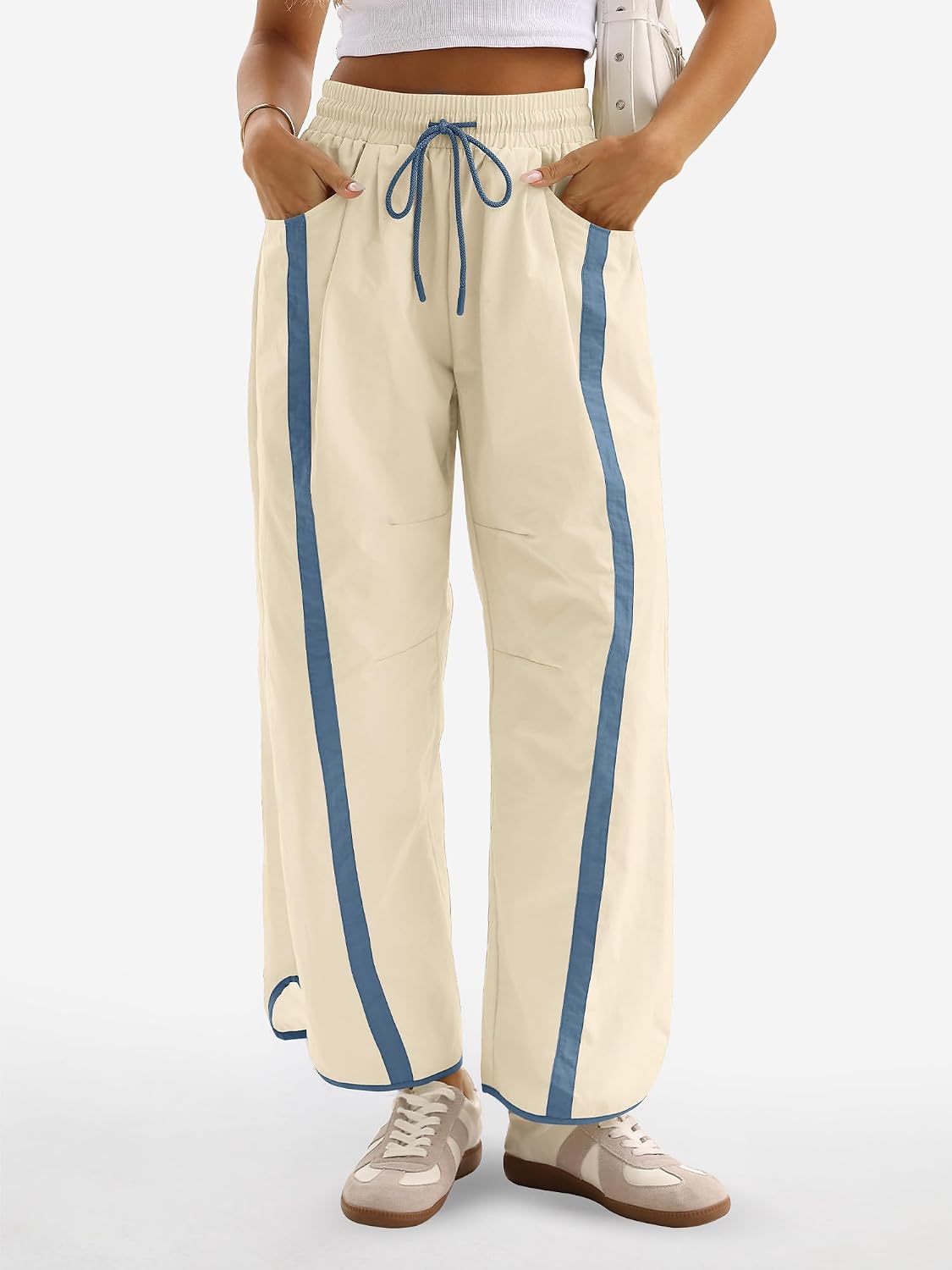 Women's Wide Leg Track Pants Baggy Drawstring High Rise Side Striped Casual Lightweight Parachute Pants with Pockets