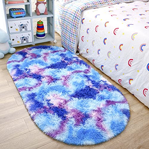 Noahas Oval Fluffy Purple Rainbow Rug 2.6X5.3 Small Kids Rugs For Bedroom Girls Aesthetic,Bedside Bedroom Rug,Ultra Soft Runner Carpet Modern Shaggy Nursery Area Rugs Home Decor #TOP14