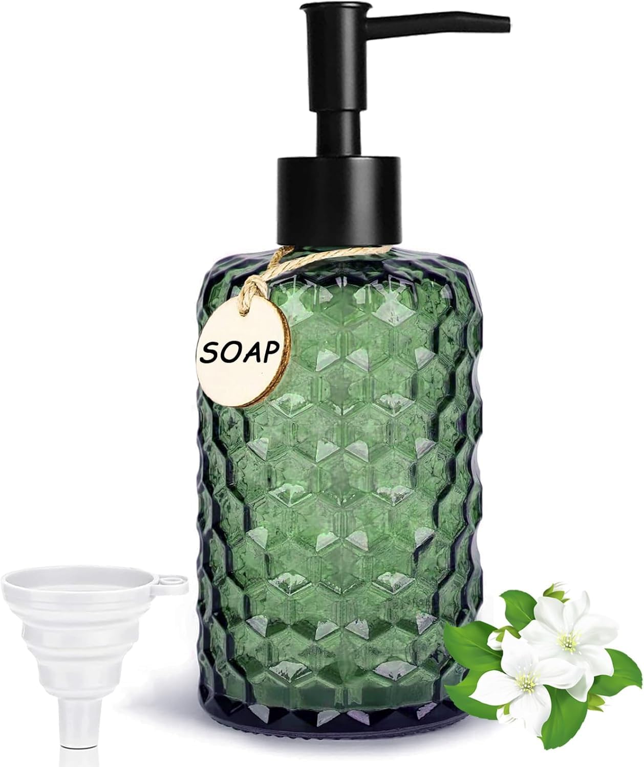 500ml Glass Soap Dispenser Bathroom, Honeycomb Design Dish Soap Dispenser for Kitchen, Modern Pump Dispenser with Wooden Labels, Black Plastic Pump and Funnel, Liquid Soap Dispenser (Green)