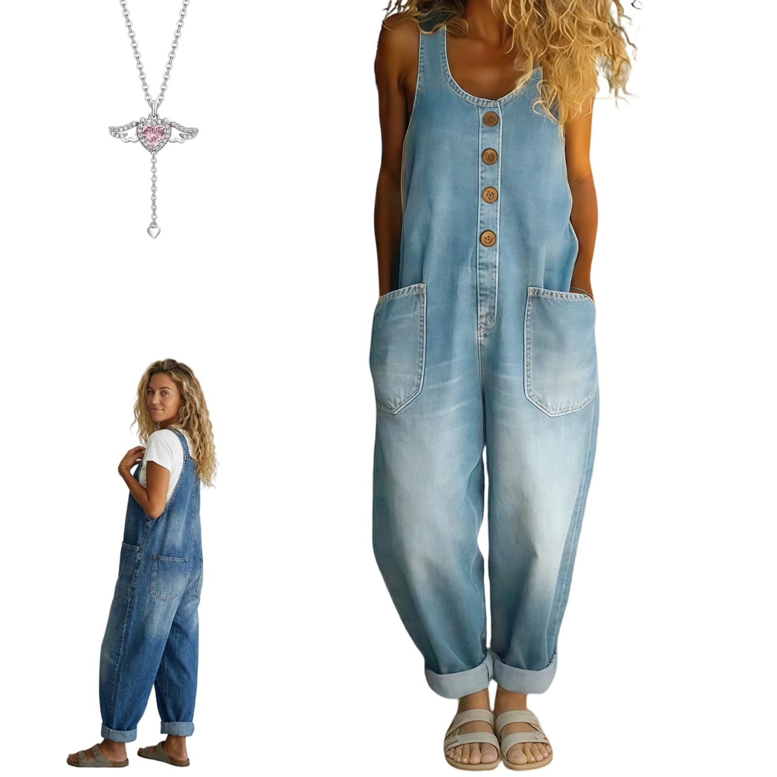 2026 Neu Jeans Jumpsuit Damen, Latzhose Jeans Damen, Damens Latzhose Sommer, Latzhosen Damens, Knopfdesign & Verstellbare Träger, Loose Fit, Atmungsaktiv, Angenehm Tragen, Langlebig