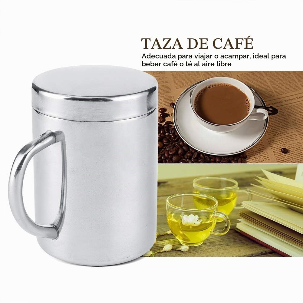 HERCHR Tazas de café de acero inoxidable, taza de café de doble pared con tapa y asa Tazas de viaje para acampar para bebidas calientes, té, café