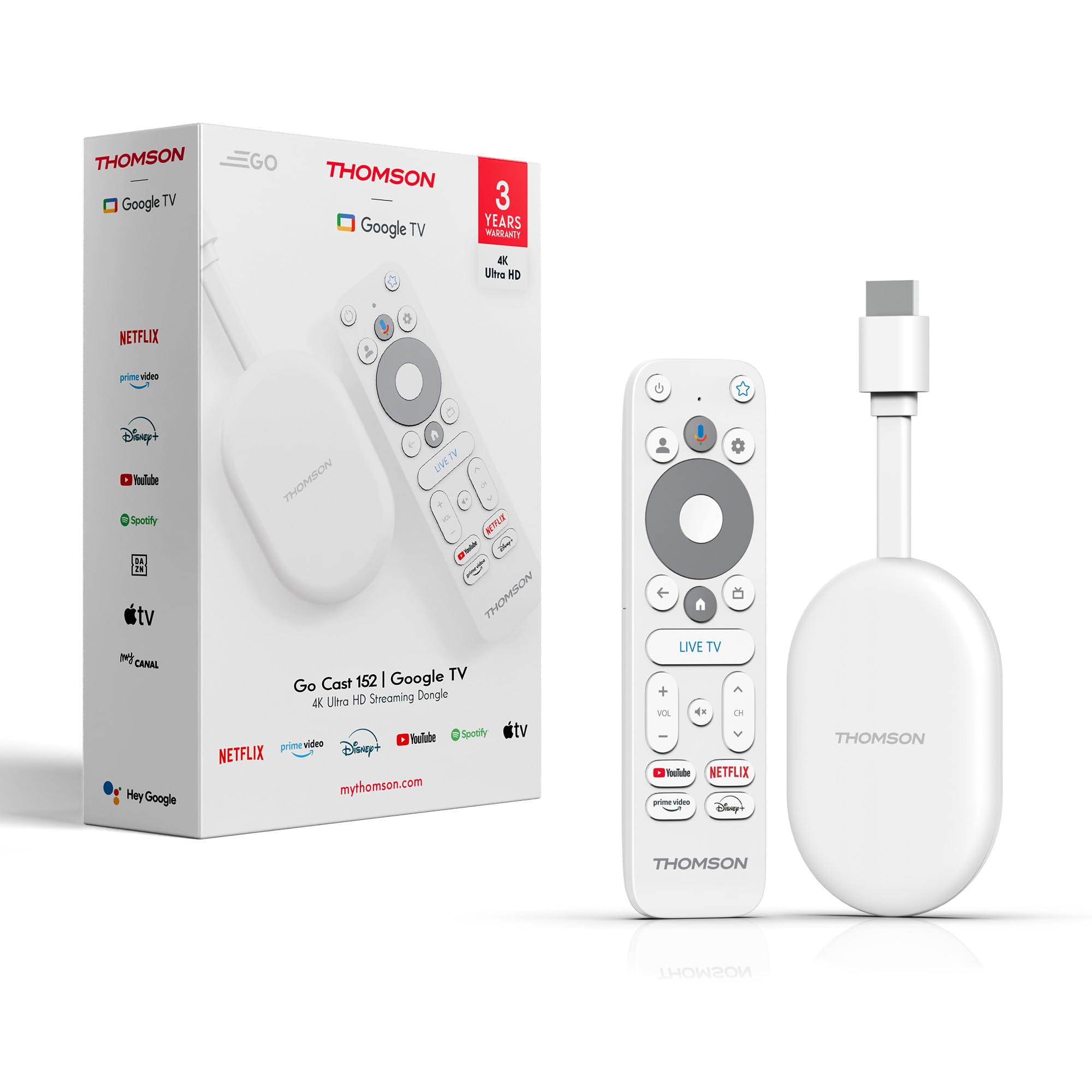 Thomson Go Cast 152UK, Google TV, 4K UHD Streaming Dongle, Voice Control, Google Cast, Dolby Atmos, Dolby Digital Plus, Wi-Fi, Multi-Plug Power Adapter, 2 GB RAM, 32 GB Storage