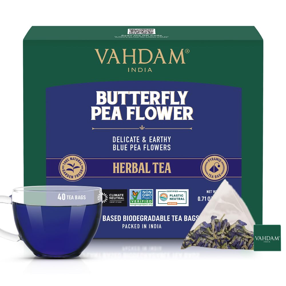 VAHDAM, Butterfly Pea Flower Tea Bags (40 Pyramid Tea Bags) Vegan, Non-GMO | Delicate & Earthy | Direct From Source - Plant Based Biodegradable Tea Bags | Brew Iced Tea, Cooking, Mocktails & Cocktails