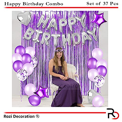 Image of Rozi Decoration Happy Birthday Purple Theme Confetti & Metallic Balloons, Heart Star Balloon Foil Fringe Curtain 16th 18th 19th 21st Purple & Silver Theme Birthday Party Kit Pack of 37 Piece