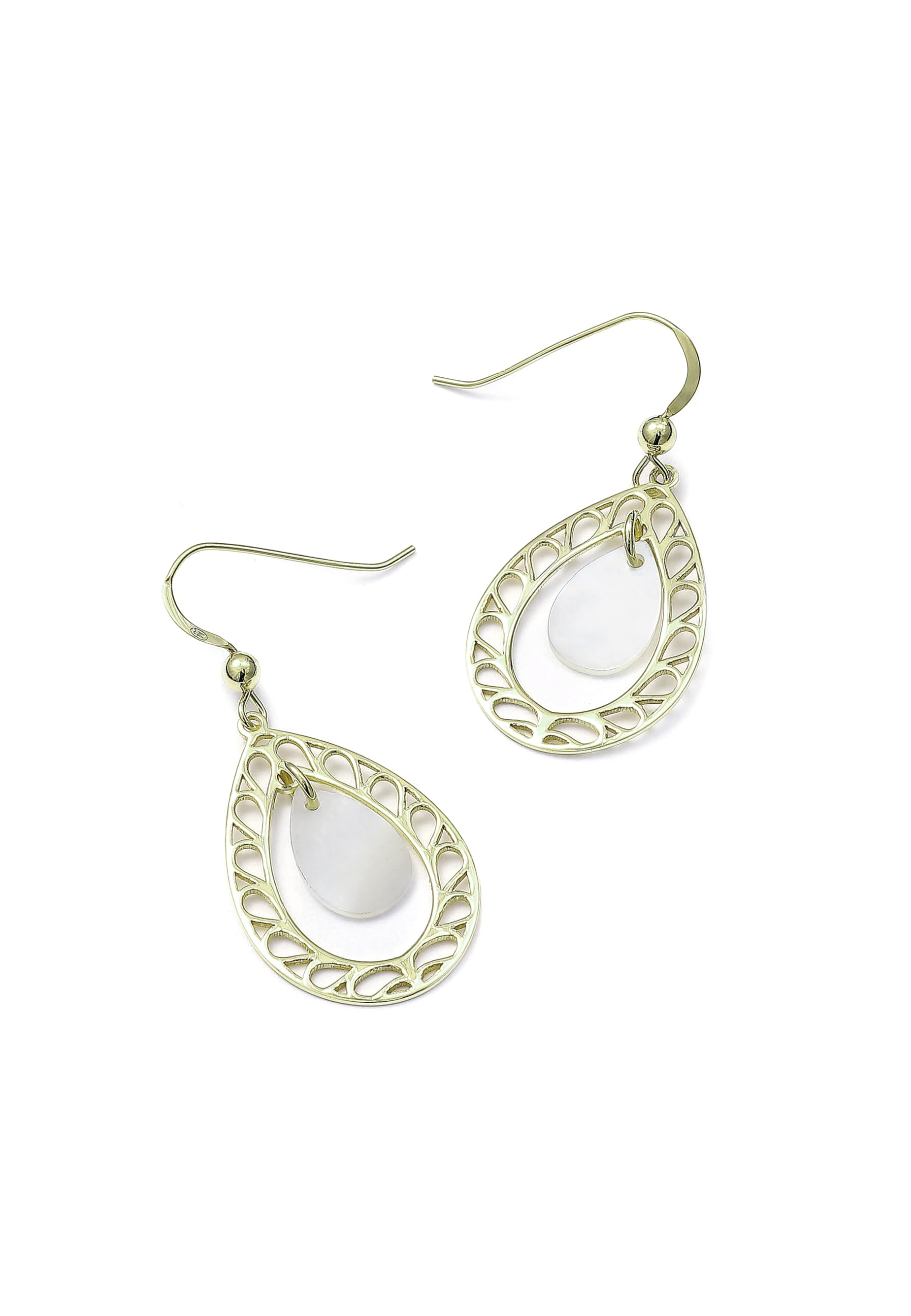Orecchini in argento con ciondolo a goccia decorati con motivo traforato con madreperla naturale, standardowy, Argento sterling In argento Sterling madreperla, Madreperla