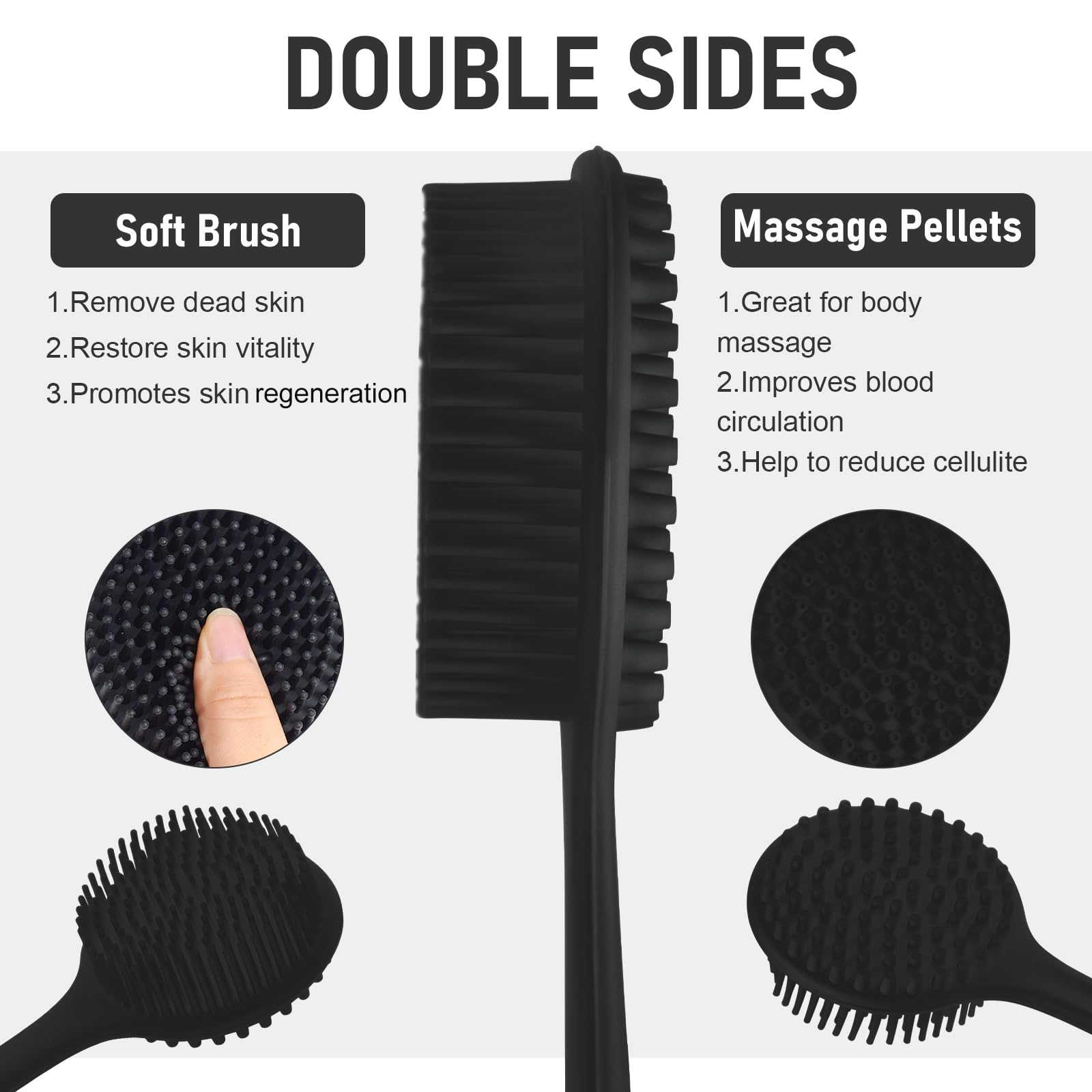 KXF Silicone Back Scrubber 37.5cm Long Handle Double-Sided Shower Body Brush Body Scrubber Bath Wash Brush with Soft Lathering Bristles and Stiff Massage Nodes Gentle Exfoliating Showering Exfoliator - Image 3